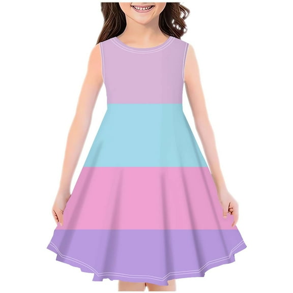 Huvoen Tween Girls Dresses Fashion Girls Summer New Sleeveless Round Neck Printed Dress Blue 110