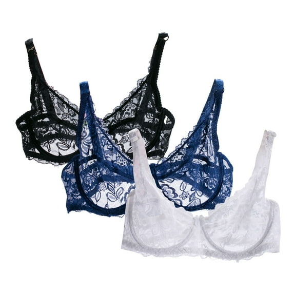 Huvoen Wireless Bras with Support and Lift, 3pc Sexy Sheer Lace Bra, Floral Gathering Underwear Bra, Plus Size Full Coverages Seeing Through Bralettes Mesh Soft Daily Bras Black xl