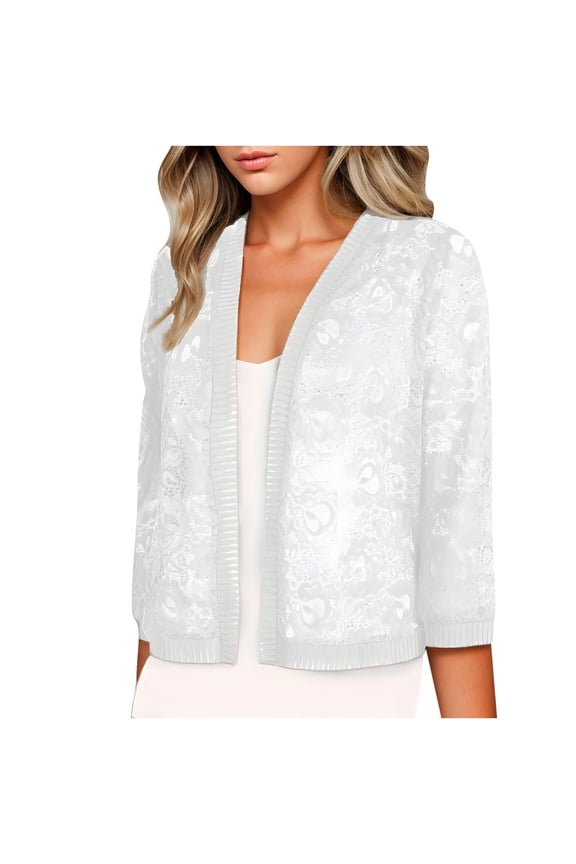 Women’s 3/4 Sleeve Open Front Lace Cardigan, Floral Lace Shrug Summer Cover Up Crochet Embroidered Boleros Jacket White xl