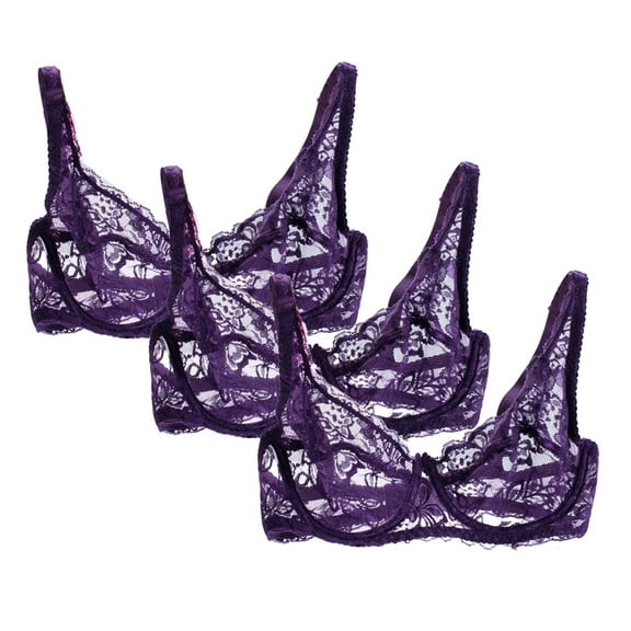 Huvoen Women's 3pc Lace Sheer Bra Unlined Minimizers Underwire Full Coverages Lingerie Bras Having Steel Rings Purple l