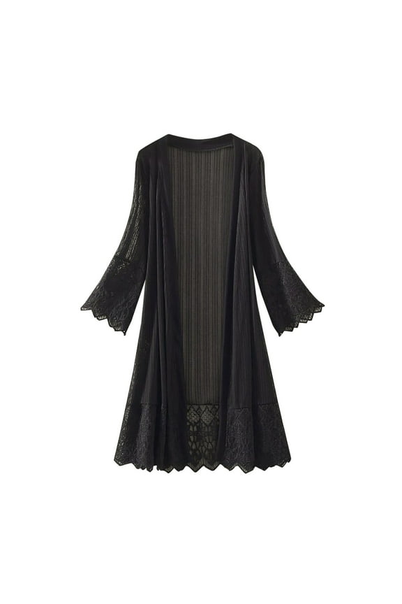 Women's Fashion Long Sleeve Lace Patchwork Cover Up Blouse, Casual Open Front Smock Kimonos Cardigan Sheer 3/4 Sleeve Swimsuit Duster Cardigans Black xl