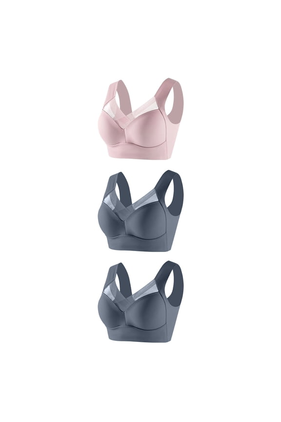 Women's Full Coverages High Impact Wirefree Bras 3PC Women without Underwire Underwear Thin Lace Solid Color Push-up Adjustment Bra Gray 3xl