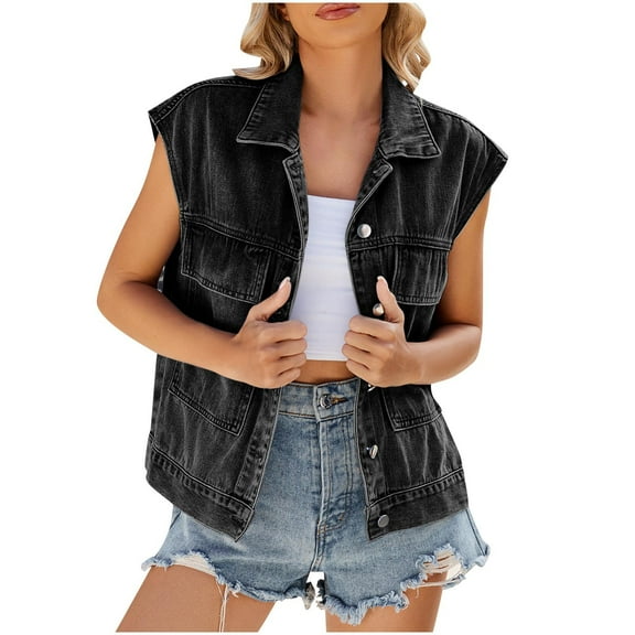 Huvoen Women's Oversized Denim Vests, Sleeveless Mid Long Jean Jacket, Distressed Cotton Vests Jackets, Fashion Casual Western Outerwear with Pockets Black m
