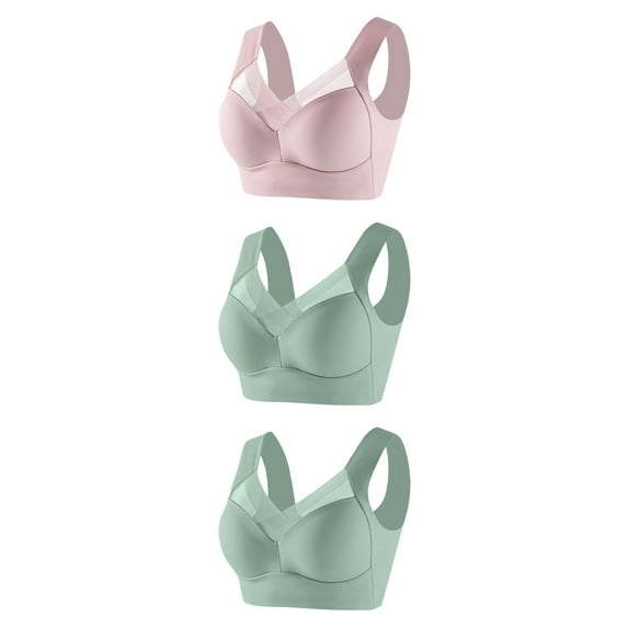 Huvoen Womens Bras No Underwire Full Support 3PC Women without Underwire Underwear Thin Lace Solid Color Push-up Adjustment Bra Pinks l