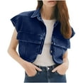 thumbnail image 1 of Huvoen Womens Cropped Buttons Down Shirt Summer Distressed Collared Sleeveless Jean Jacket Coat Loose Denim Tops with Pockets Blue m, 1 of 8