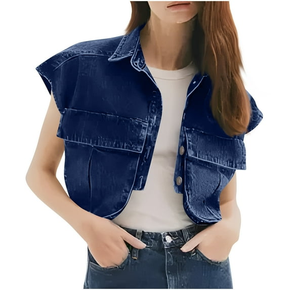 Huvoen Womens Cropped Buttons Down Shirt Summer Distressed Collared Sleeveless Jean Jacket Coat Loose Denim Tops with Pockets Blue m