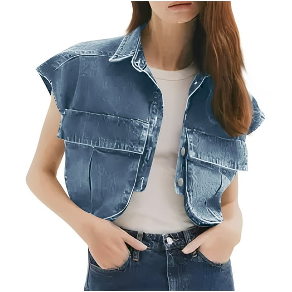 Huvoen Womens Cropped Buttons Down Shirt Summer Distressed Collared Sleeveless Jean Jacket Coat Loose Denim Tops with Pockets Blue s