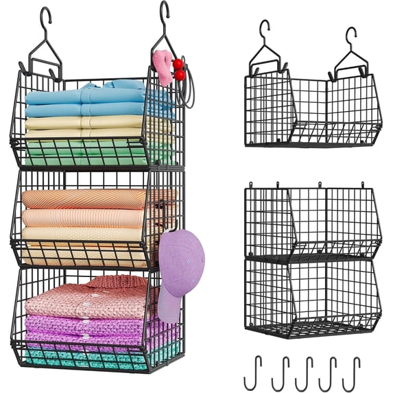 Huxidaja 3-Tier Hanging Closet Organizer, Stackable Heavy-Duty Metal Wire Baskets with Hooks, Black