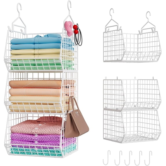 Huxidaja 3-Tier Hanging Closet Organizer, Stackable Heavy-Duty Wire Baskets with Hooks, White