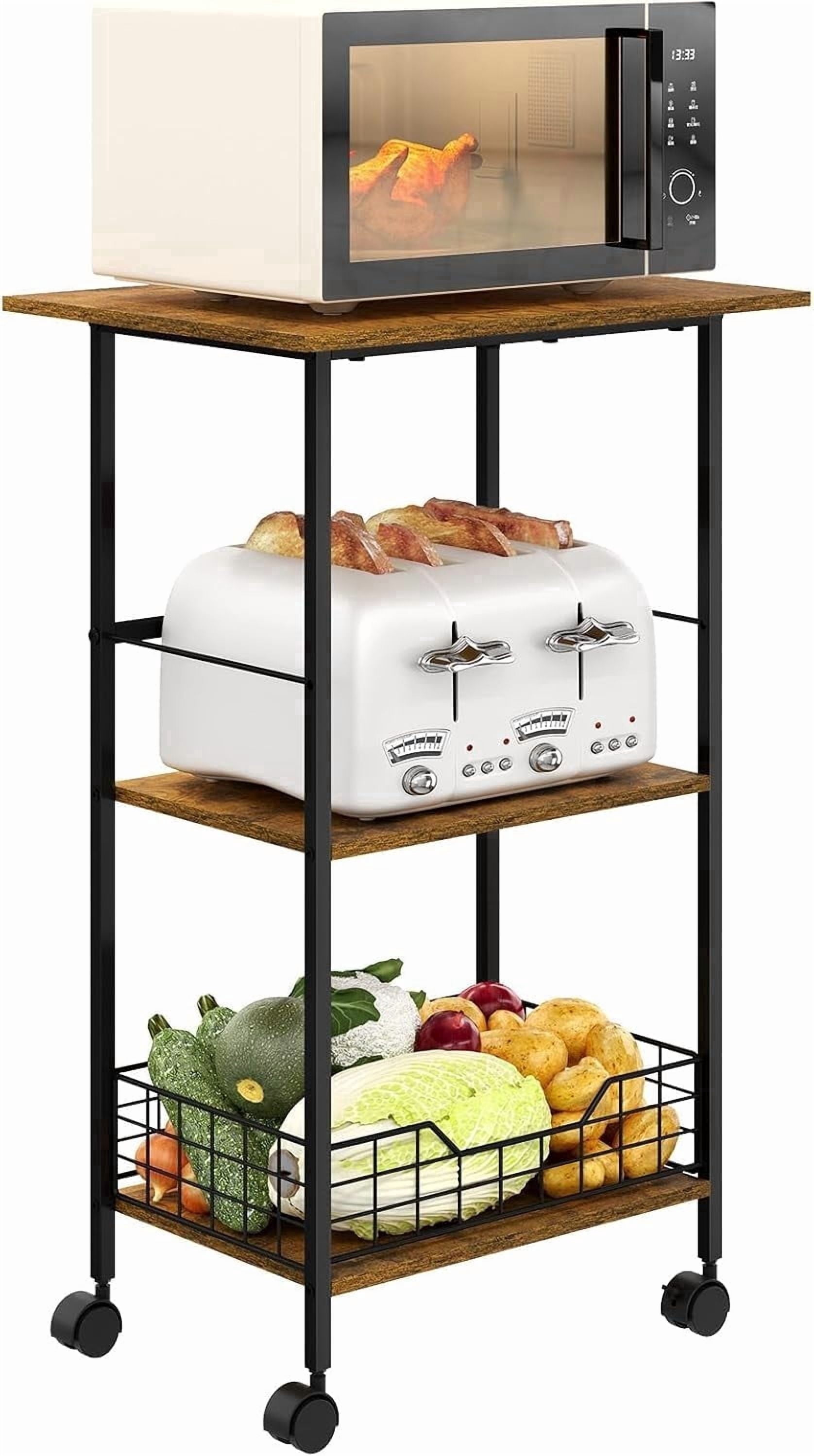 Huxidaja 3-Tier Microwave Stand Rolling Kitchen Cart, Wood & Metal Coffee Bar Station with Wire Basket, Rustic Brown