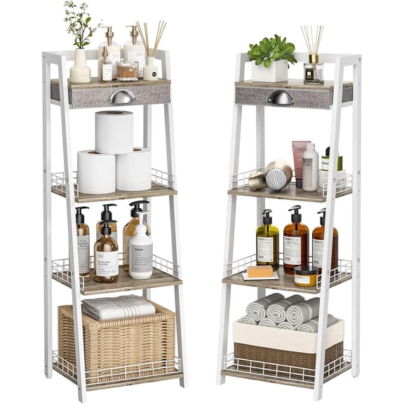 Huxidaja 4-Tier Bathroom Ladder Shelf, Freestanding Organizer Tower with Drawer, White