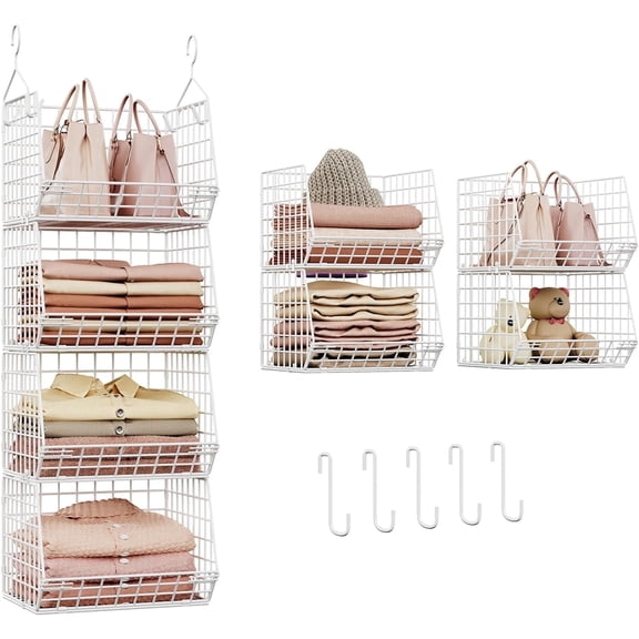 Huxidaja 4-Tier Closet Hanging Organizer, Foldable Metal Wire Storage Baskets and Closet Shelves, White