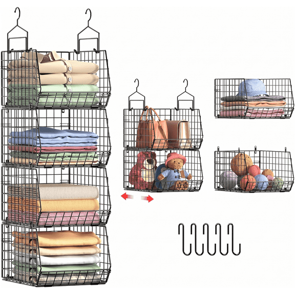 Huxidaja 4-Tier Hanging Closet Organizer, 4-Inch Extra Deep Foldable Metal Wire Storage Baskets, Black