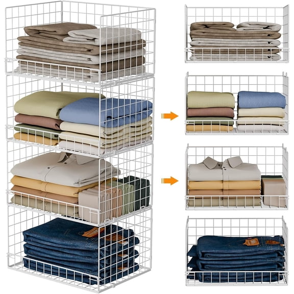 Huxidaja 4-Tier Stackable Closet Organizer and Storage Shelves, Foldable Metal Mesh Clothes Basket Bins, White