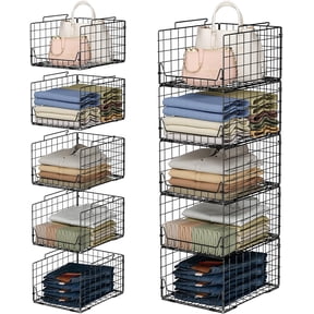 Huxidaja 5-Tier Stackable Closet Organizers, Foldable Metal Wire Storage Baskets for Clothes, Black