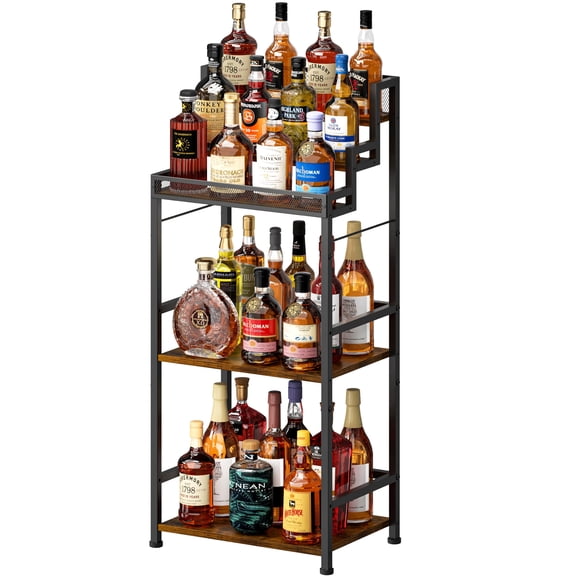 Huxidaja 5-Tier Stepped Liquor Cabinet Bar for Home, Freestanding Wine Rack Storage Display Shelf, Rustic Brown