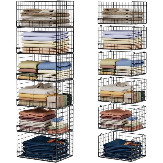 Huxidaja 6-Tier Stackable Closet Organizers, Foldable Iron Mesh Basket Bins for Clothes Storage, Black