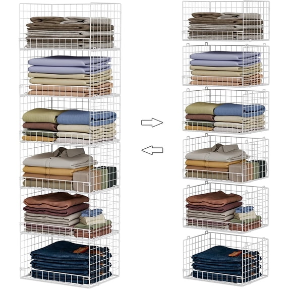 Huxidaja 6-Tier Stackable Closet Organizers, Foldable Iron Mesh Baskets for Clothes Storage, White