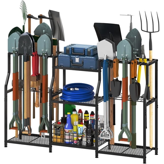 Huxidaja Heavy Duty Steel Garden Tool Organizer, 3-Tier Yard Tool Storage Rack with Basket & Hooks for Garage & Shed, Black