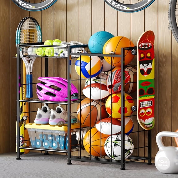Huxidaja Sports Equipment Organizer, Metal Garage Ball Storage Rack with Elastic Straps & Basket, Black