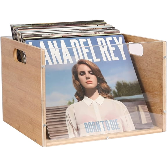 Huxidaja Vinyl Record Storage Crate, Visible Clear Acrylic and Natural Bamboo LP Album Organizer Box with Handles, Holds 65 Records