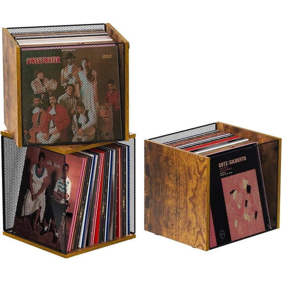 Huxidaja Vinyl Record Storage Cube, Stackable Wood & Metal Mesh Record Holder Crate, Holds 45-55 Albums, Organizer Shelves for Living Room, Brown