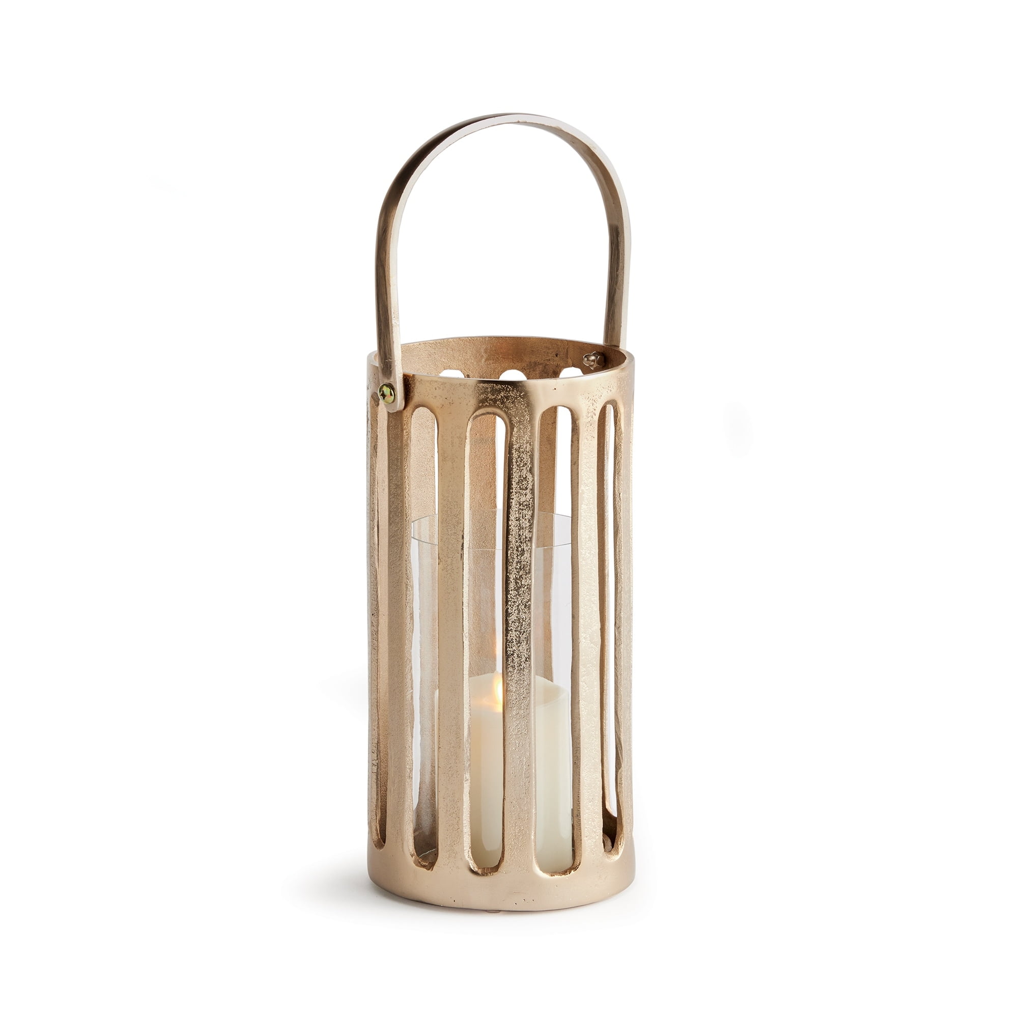 Champagne Gold Cast Aluminum Hurricane Lantern with Clear Glass
