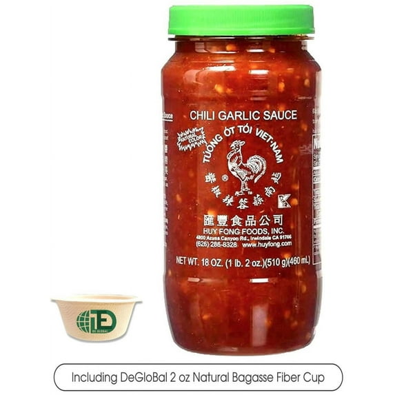 Huy Fong Chili Garlic Sauce, 18 oz Plastic Bottle, with DEGLOBAL 2 oz Natural Bagasse Fiber Cup