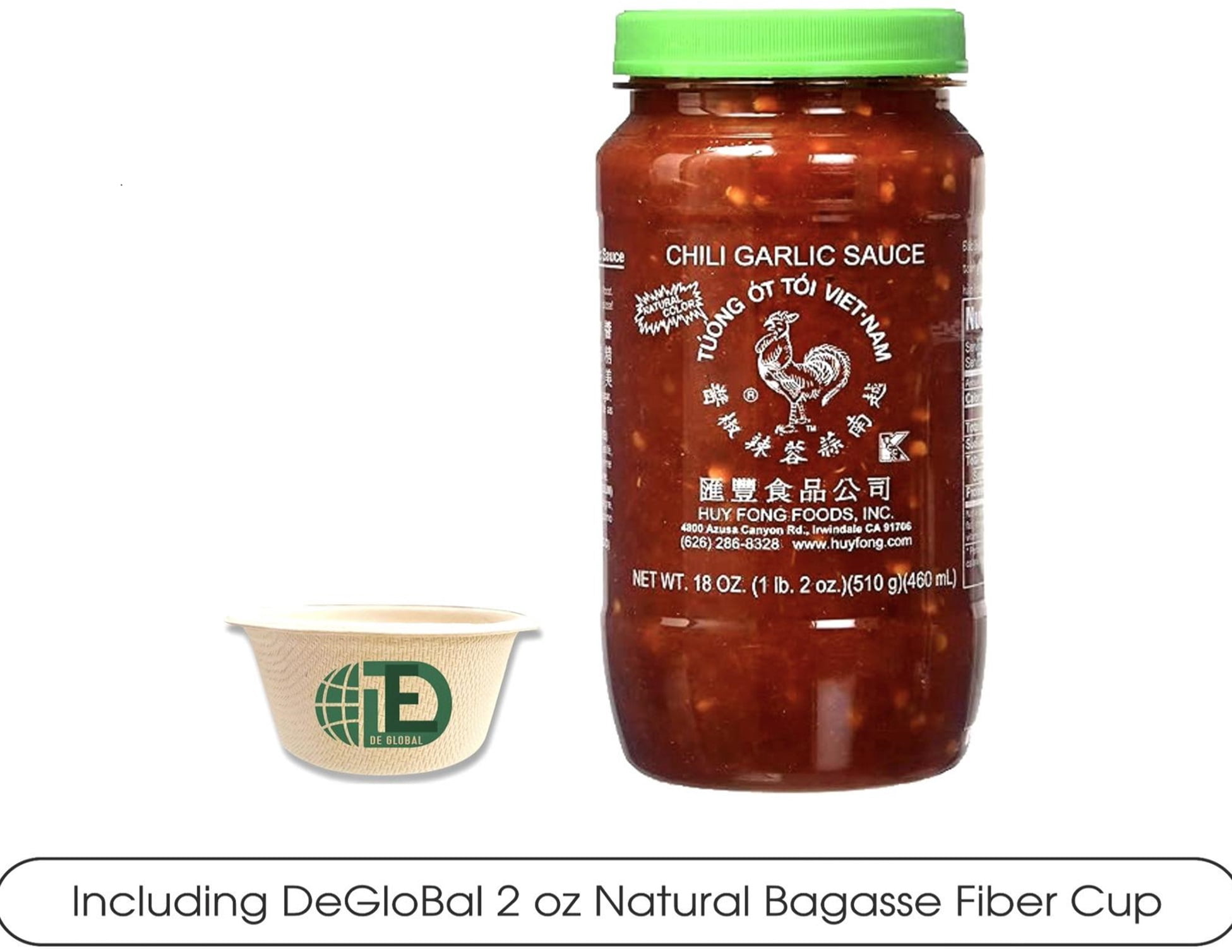 Huy Fong Chili Garlic Sauce, 18 oz Plastic Bottle, with DEGLOBAL 2 oz