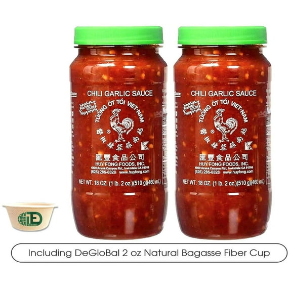 Huy Fong Fresh Chili Garlic Sauce 36 oz (Pack of 2), garlic 1.12 Pound (Pack of 2), with DEGLOBAL 2 oz Natural Bagasse Fiber Cup