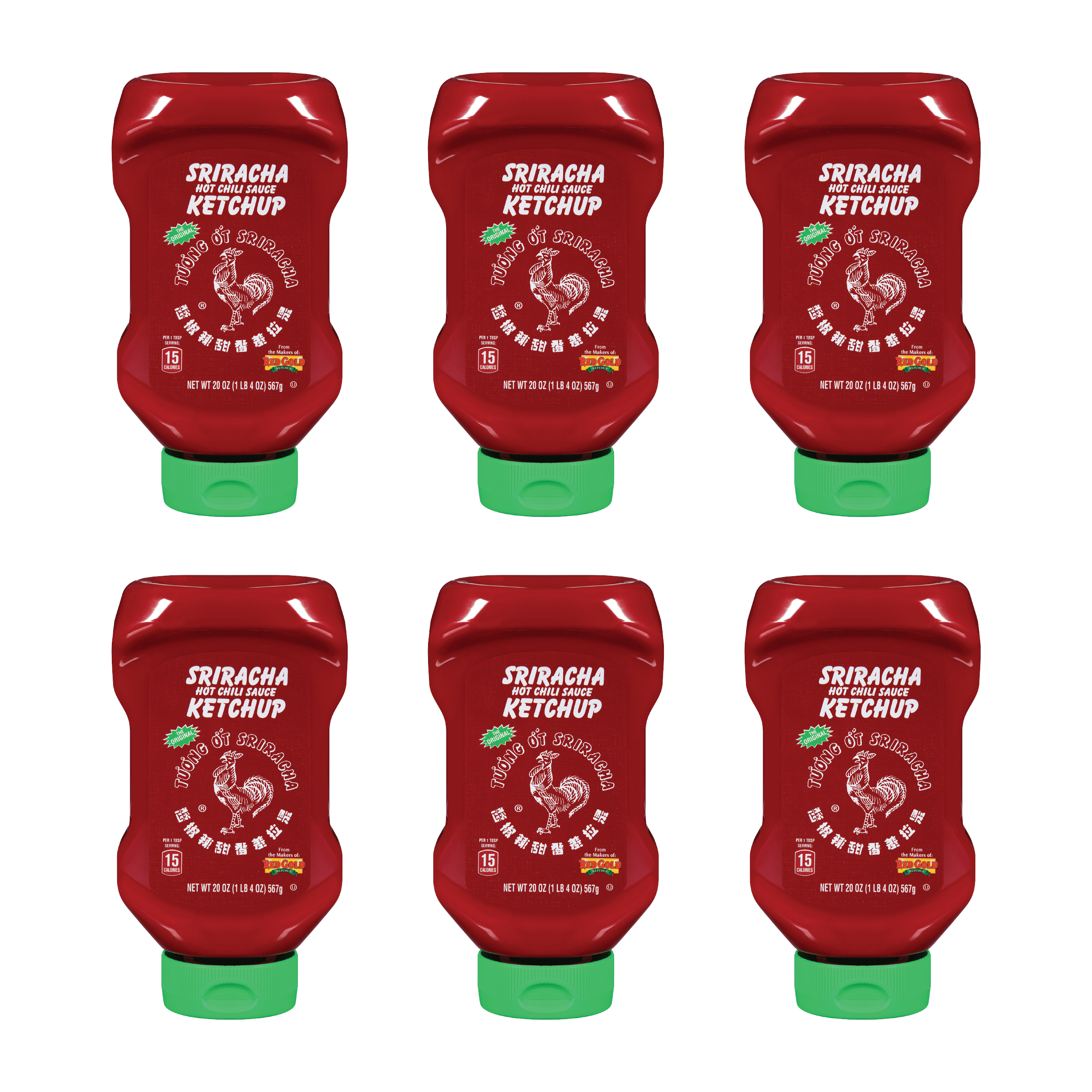 Huy Fong Hot Sriracha Chili Sauce Tomato Ketchup, Gluten Free, 20 Ounce Squeeze Bottles, 6Pack