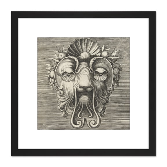 Huys Shell Shaped Mask Fruit Engraving Drawing 8X8 Inch Square Wooden Framed Wall Art Print Picture with Mount