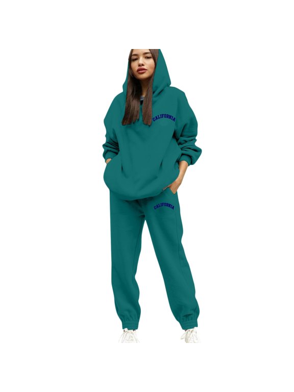 Fall Outfits for Women Printed Lettering Casual Hooded Tracksuit Drawstring Jogger Pants Comfortable Athletic Wear Outfit For Fall Cold Winter Dark Green,S