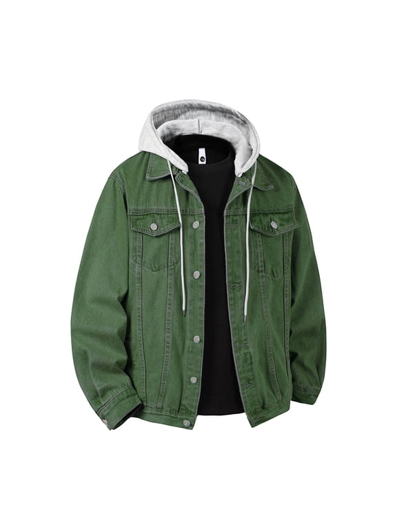 Men's Big and Tall Denim Jackets Button Down Long Sleeve Hooded Jean Coats Casual Lightweight Fall Travel Outwear Jackets with Pockets,2XL,Army Green,Jackets for Men