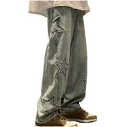 Huyun Men's Embroidery Star Jeans High Waisted Straight Leg Hop Streetwear Jeans Loose Baggy Denim Pants with Pockets,S,Blue