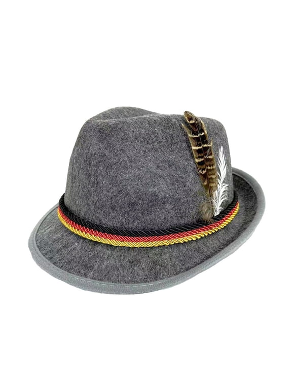Unisex Bavarian Fedora Hat with Feather Wool Felt Casual Party Accessory for Men Women Grey