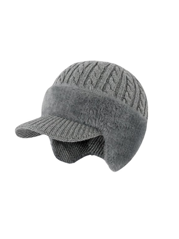 Unisex Cable Knit Ear Flap Hat with Brim Warm Lined Aviator Cap with Visor Winter Ski Hat for Men Women Grey