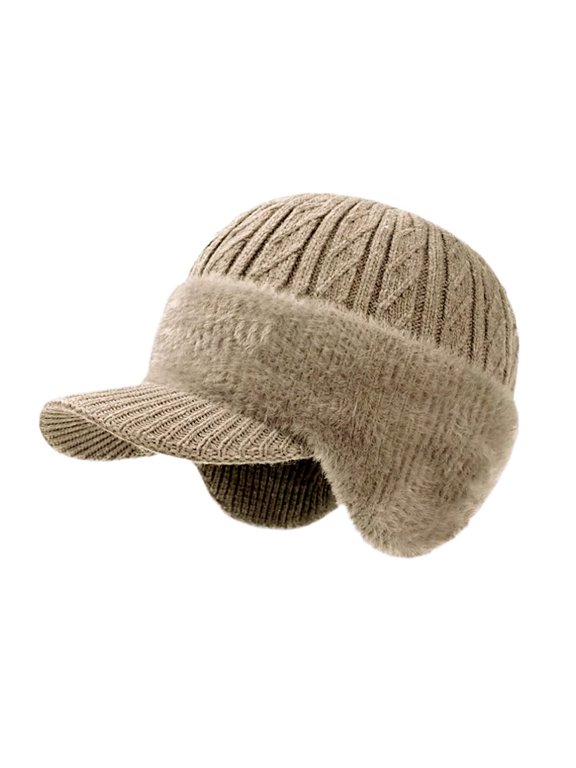 Unisex Cable Knit Ear Flap Hat with Brim Warm Lined Aviator Cap with Visor Winter Ski Hat for Men Women Khaki