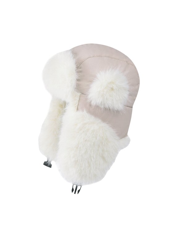 Unisex Trapper Hat Warm Aviator Cap with Ear Flaps Pom-Poms Chin Strap Windproof Winter Ski Hat for Men Women Beige