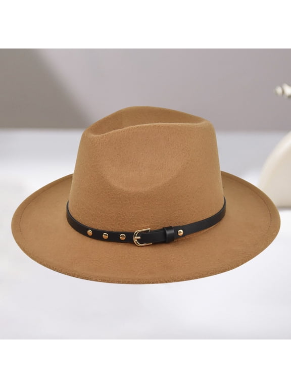 Unisex Mens Womens Felt Panama Hats Classic Wide Brim Rancher Fedora with Belt Buckle Cowboy Style Z01-Khaki