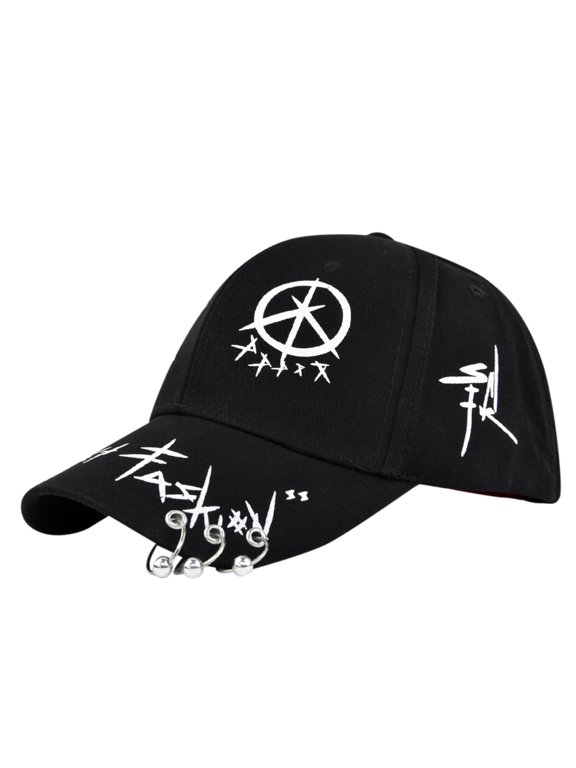 Unisex Punk Baseball Cap with Metal Rings Gothic Graffiti Print Dad Hat with Beads Adjustable Streetwear Hat for Men Women Black