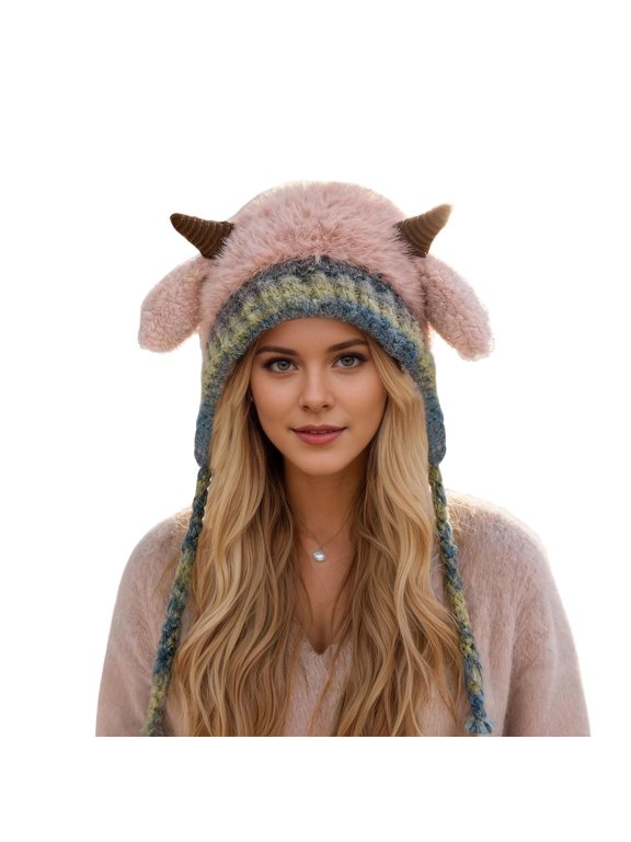 Unisex Rainbow Cow Horn Ear Flap Hat Colorful Knit Beanie Funny Winter Ski Cap for Adults Pink