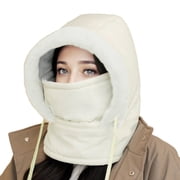 Huyun Unisex Winter Balaclava with Face Mask Hood Windproof Thermal Ski Mask with Neck Cover Drawstrings Warm Cold Weather Hat White