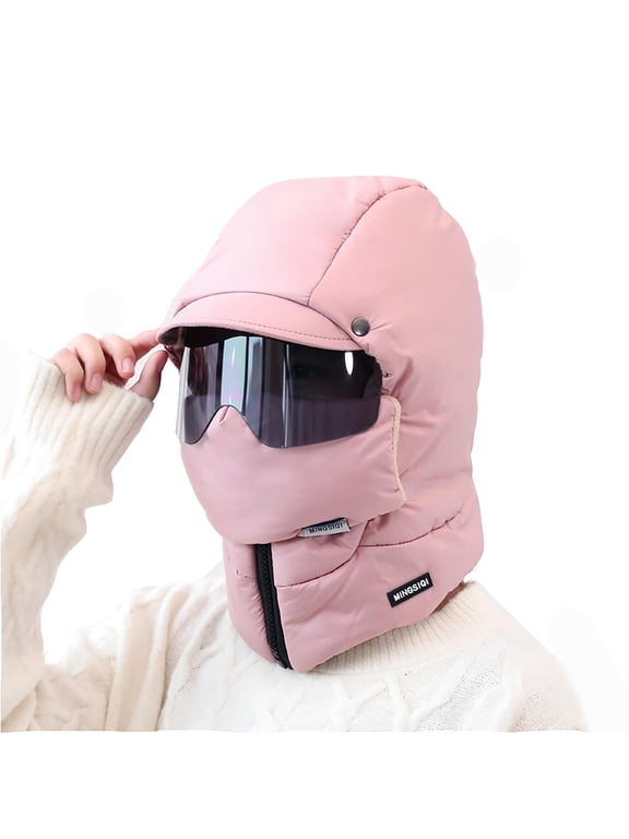Unisex Winter Balaclava with Visor Face Mask Windproof Thermal Ski Mask with Neck Cover Zipper Full Face Cover Hat for Cold Weather Pink