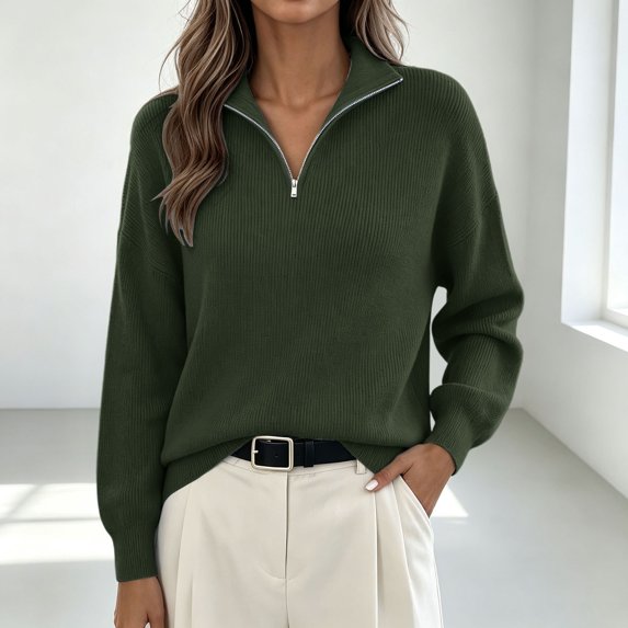 Huyun Women's Half Zip Sweater Ribbed Knit Long Sleeve Pullover with Collared V-Neck Casual Business Tops for Fall Winter Army Green,S
