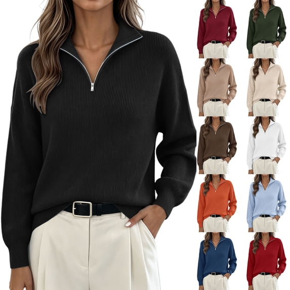 Huyun Women's Half Zip Sweater Ribbed Knit Long Sleeve Pullover with Collared V-Neck Casual Business Tops for Fall Winter Black,XL