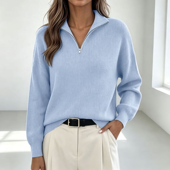 Huyun Women's Half Zip Sweater Ribbed Knit Long Sleeve Pullover with Collared V-Neck Casual Business Tops for Fall Winter Light Blue,XXXL