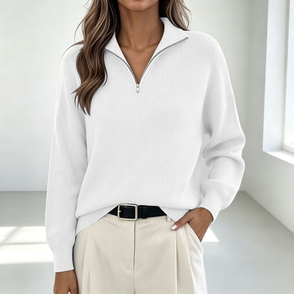 Huyun Women's Half Zip Sweater Ribbed Knit Long Sleeve Pullover with Collared V-Neck Casual Business Tops for Fall Winter White,M