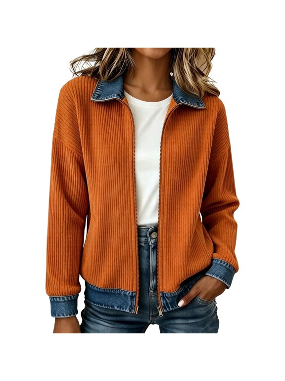 Women's Knit Zip Up Jacket with Denim Trim Long Sleeve Collared Cardigan Casual Loose Fit Open Front Outerwear for Fall & Winter Orange,S