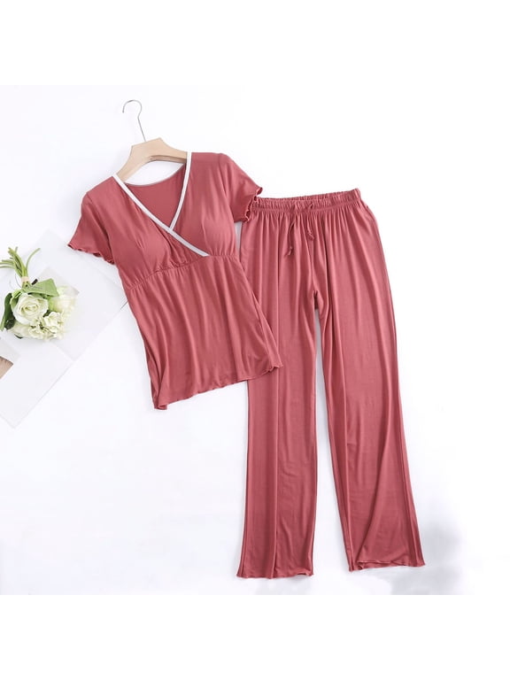 Women's Maternity Pajama Set Nursing Pjs Postpartum Breastfeeding Sleepwear Set Short Sleeve V Neck Top & Pants Pregnancy Loungewear,XXL,Watermelon Red